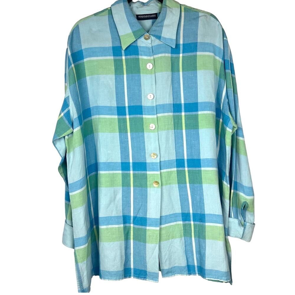 MOUNTAIN LAKE Woman’s 2X Beachy Linen Blend Blouse Mother-of-Pearl Buttons